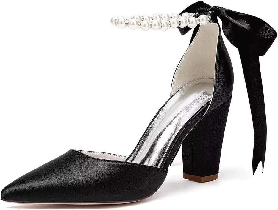 Women's Chunky Block Heel Wedding Shoes for Bride Satin Pearls Ankle Strap Evening Dressy Pumps