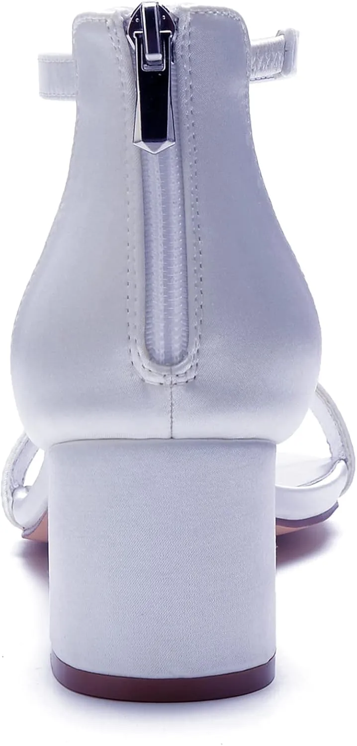 Women's Chunky Block Heeled Sandals Open Toe Strappy High Heels Ankle Strap Satin Wedding Bridal Shoes High Heel Shoes for Party Dress