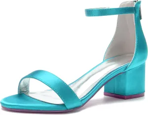 Women's Chunky Block Heeled Sandals Open Toe Strappy High Heels Ankle Strap Satin Wedding Bridal Shoes High Heel Shoes for Party Dress