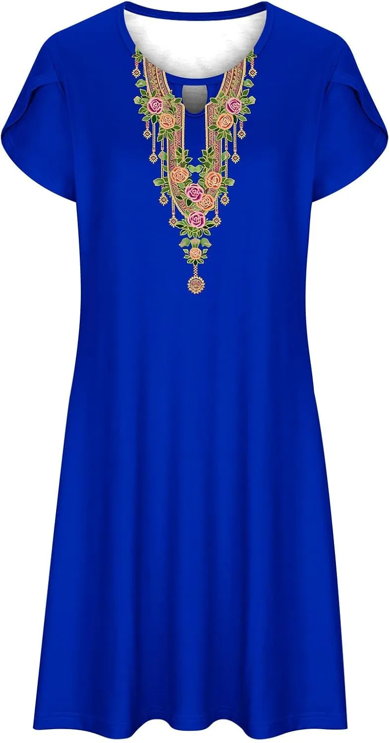 Womens Classic Western Printed Dress Casual Loose Petal Short Sleeved Dress Summer Boho Maxi Dress Mini Sun Dress