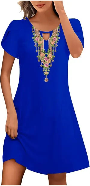 Womens Classic Western Printed Dress Casual Loose Petal Short Sleeved Dress Summer Boho Maxi Dress Mini Sun Dress