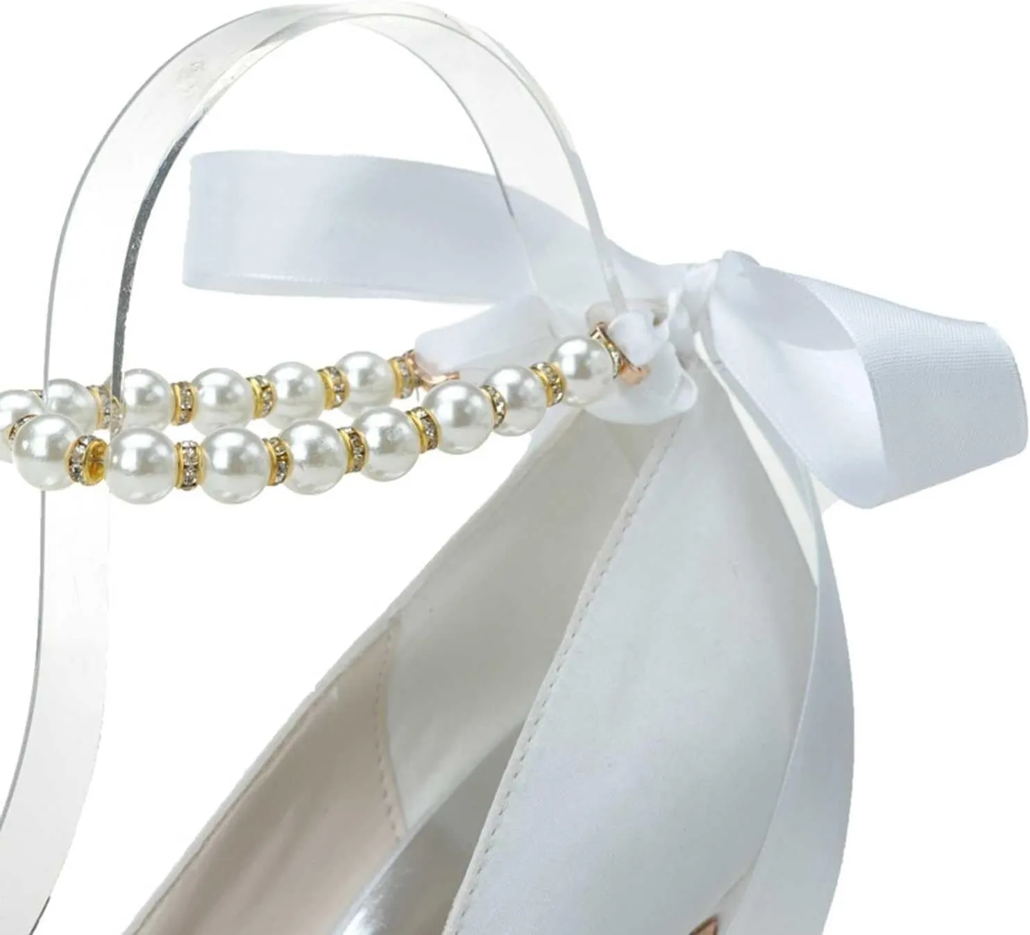 Women's Closed Toe Satin Wedding Heels for Women High Heels Kitten Heels,Round Head Pumps Pearl Prom Dress Shoes Ivory(Blue,3.5 UK)