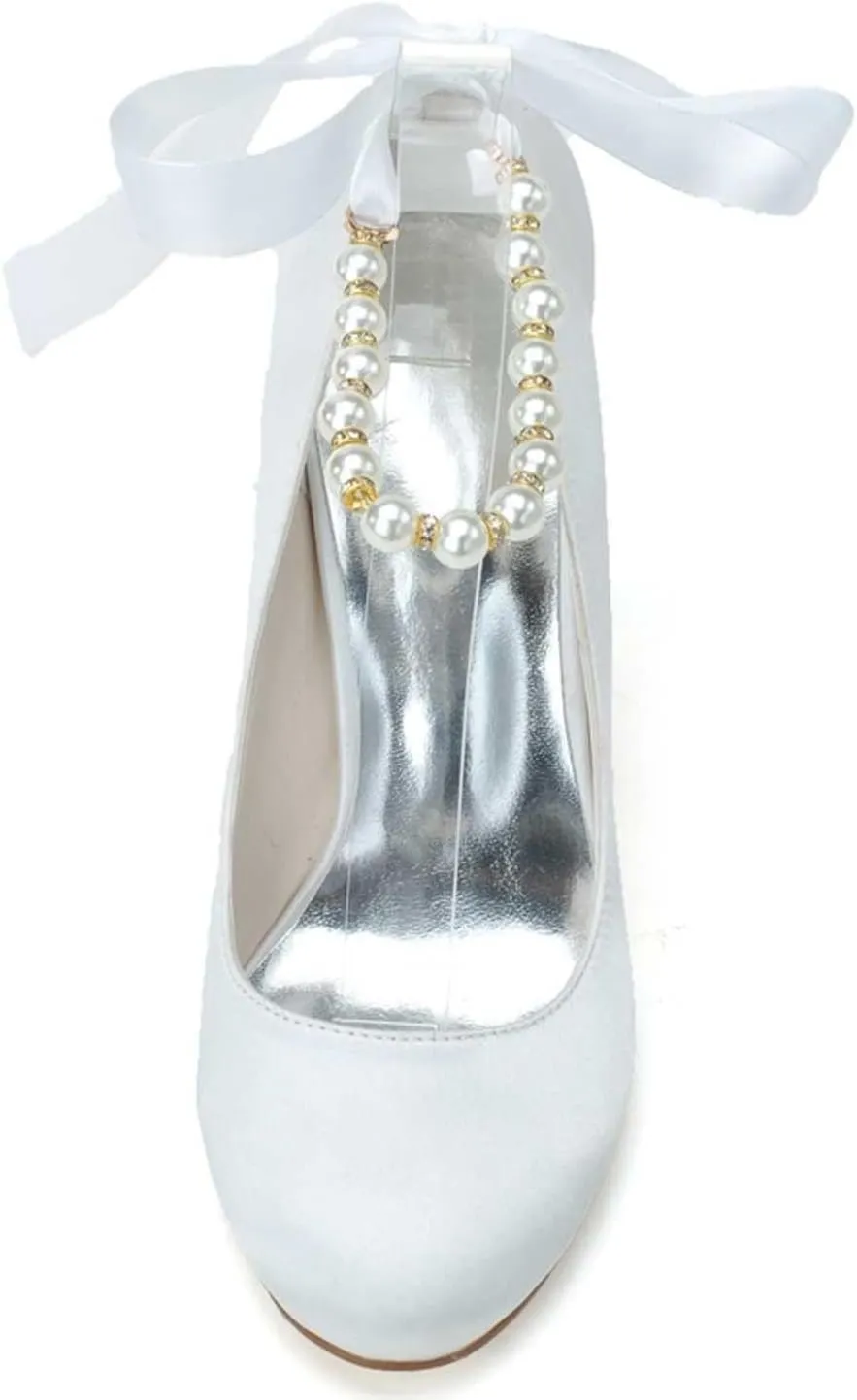 Women's Closed Toe Satin Wedding Heels for Women High Heels Kitten Heels,Round Head Pumps Pearl Prom Dress Shoes Ivory(Blue,3.5 UK)
