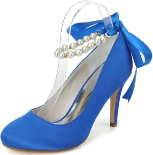 Women's Closed Toe Satin Wedding Heels for Women High Heels Kitten Heels,Round Head Pumps Pearl Prom Dress Shoes Ivory(Blue,3.5 UK)