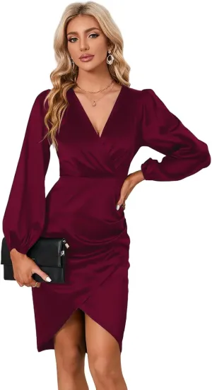 Women's Cocktail Dress V Neck Long Sleeve Faux Wrap Satin Dresses Bodycon Sexy Midi Dresses Wedding Guest Dress