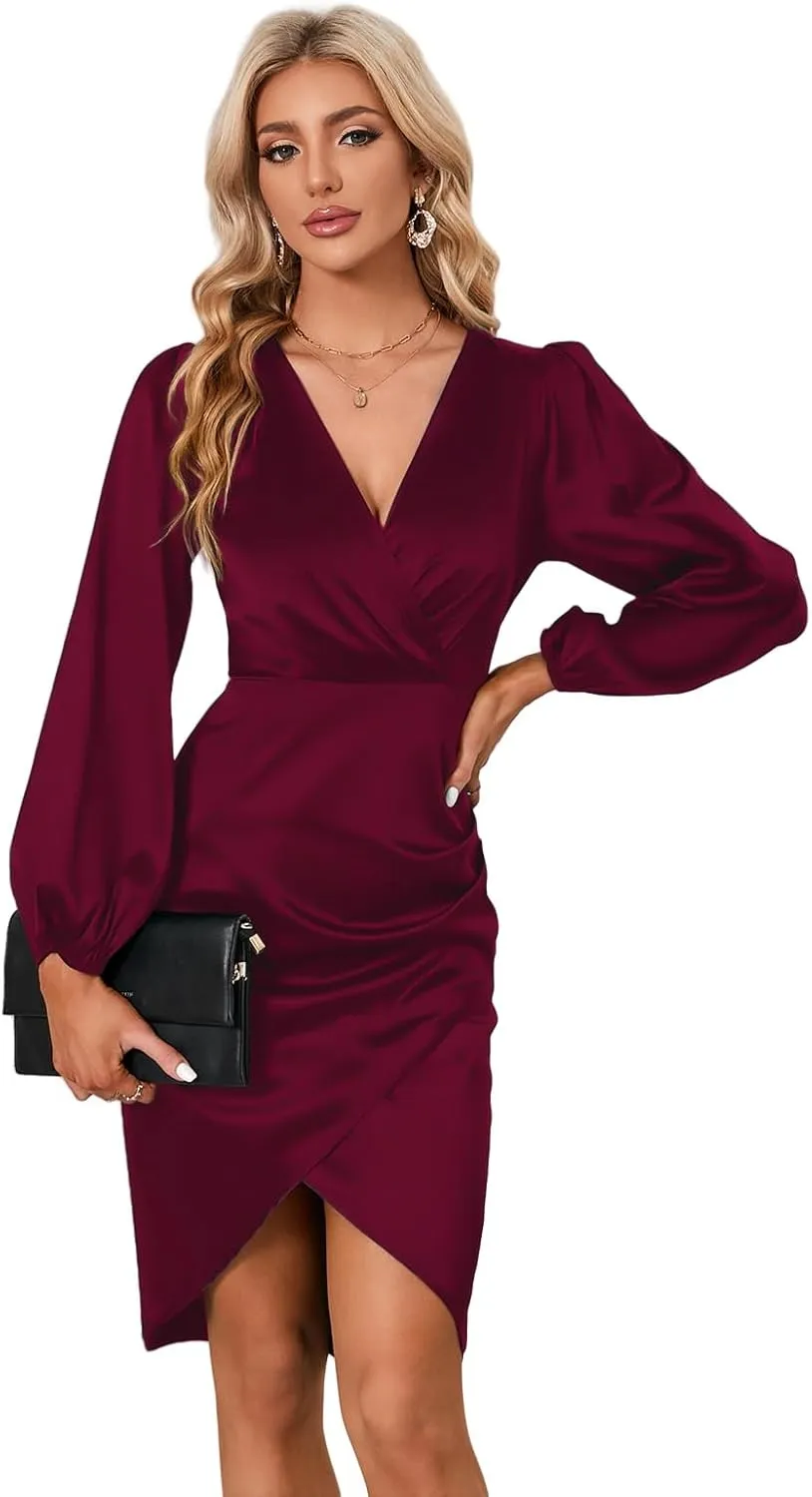 Women's Cocktail Dress V Neck Long Sleeve Faux Wrap Satin Dresses Bodycon Sexy Midi Dresses Wedding Guest Dress