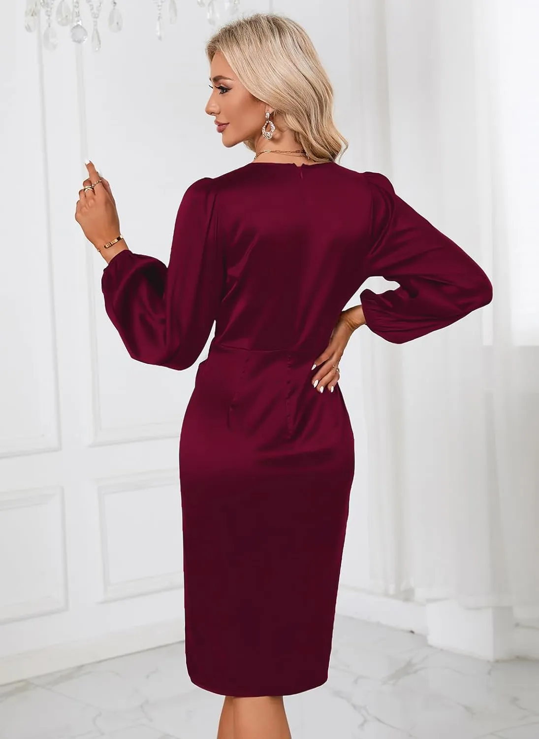 Women's Cocktail Dress V Neck Long Sleeve Faux Wrap Satin Dresses Bodycon Sexy Midi Dresses Wedding Guest Dress