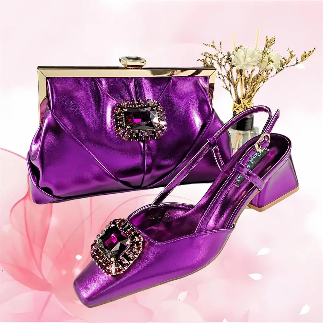 Women’S Coffee Rhinestone Pointed Toe High Heels and Matching Bag Set for Luxury Parties