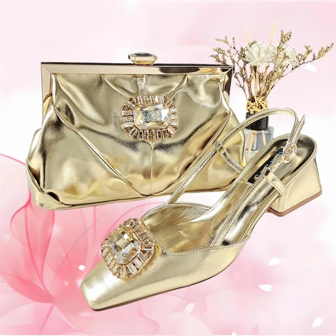 Women’S Coffee Rhinestone Pointed Toe High Heels and Matching Bag Set for Luxury Parties