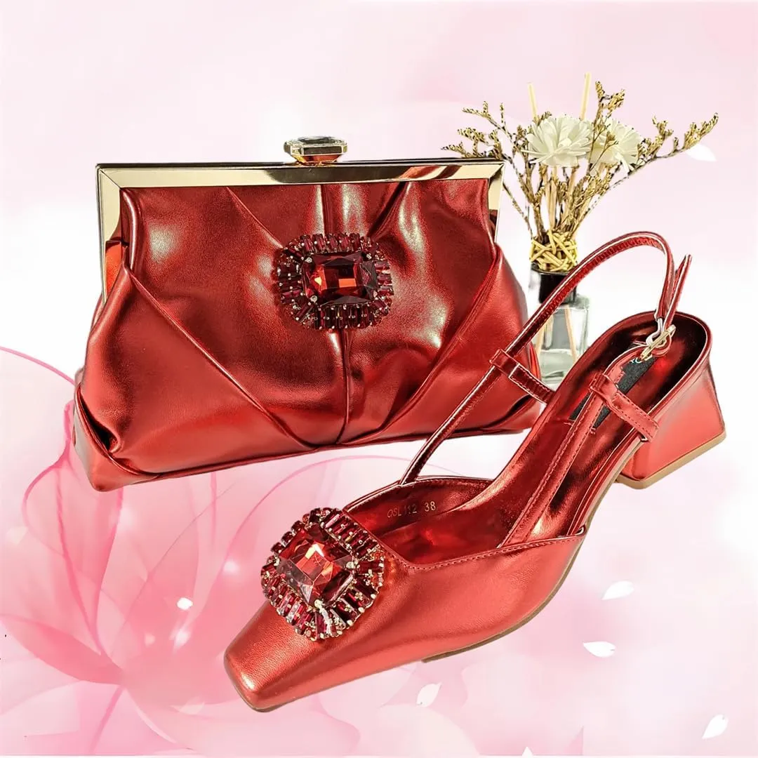 Women’S Coffee Rhinestone Pointed Toe High Heels and Matching Bag Set for Luxury Parties