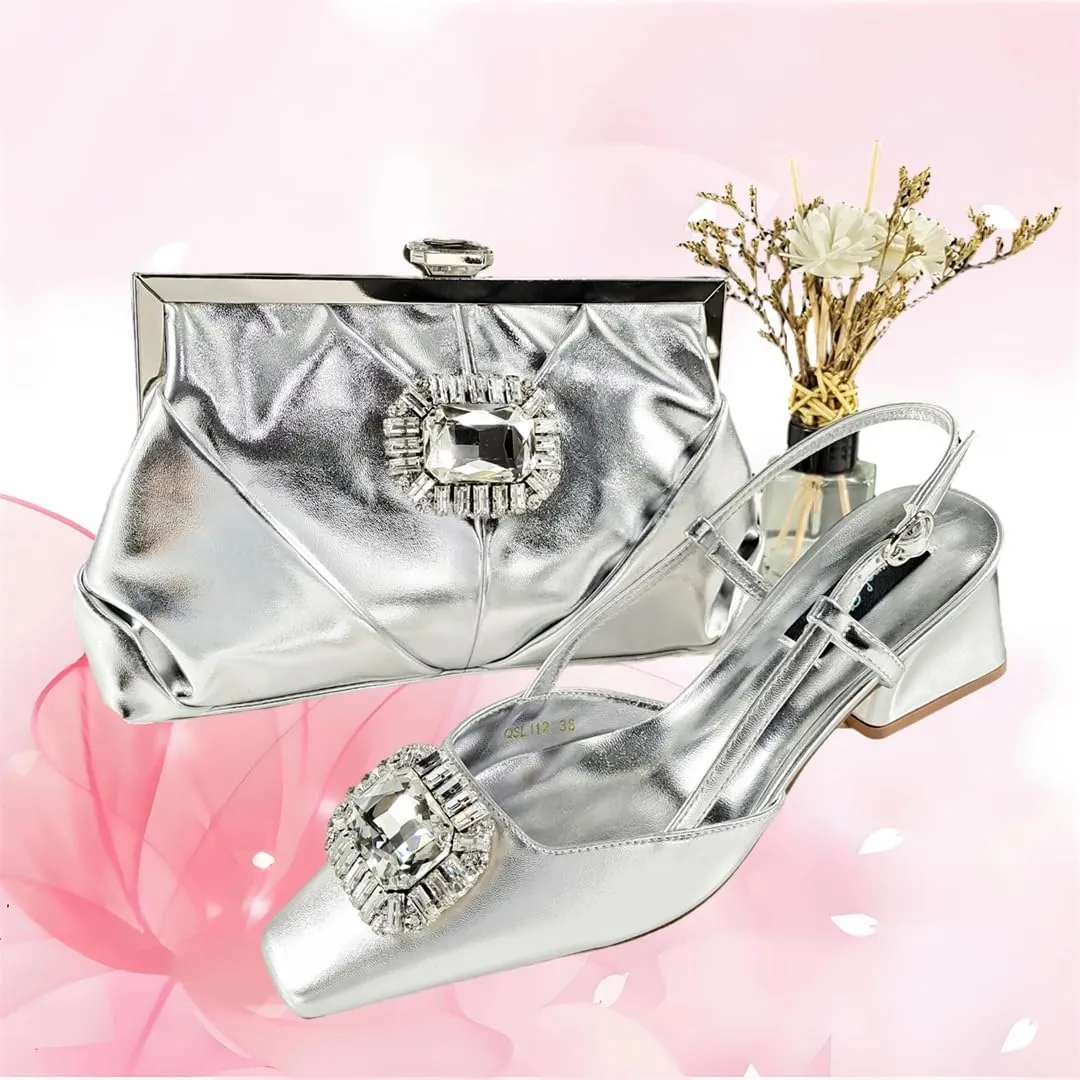 Women’S Coffee Rhinestone Pointed Toe High Heels and Matching Bag Set for Luxury Parties