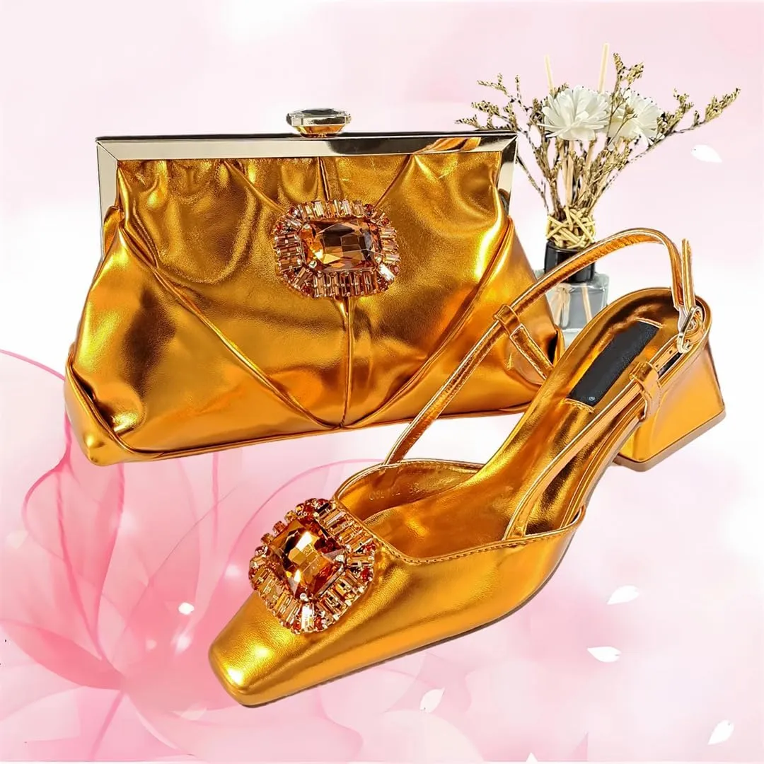 Women’S Coffee Rhinestone Pointed Toe High Heels and Matching Bag Set for Luxury Parties
