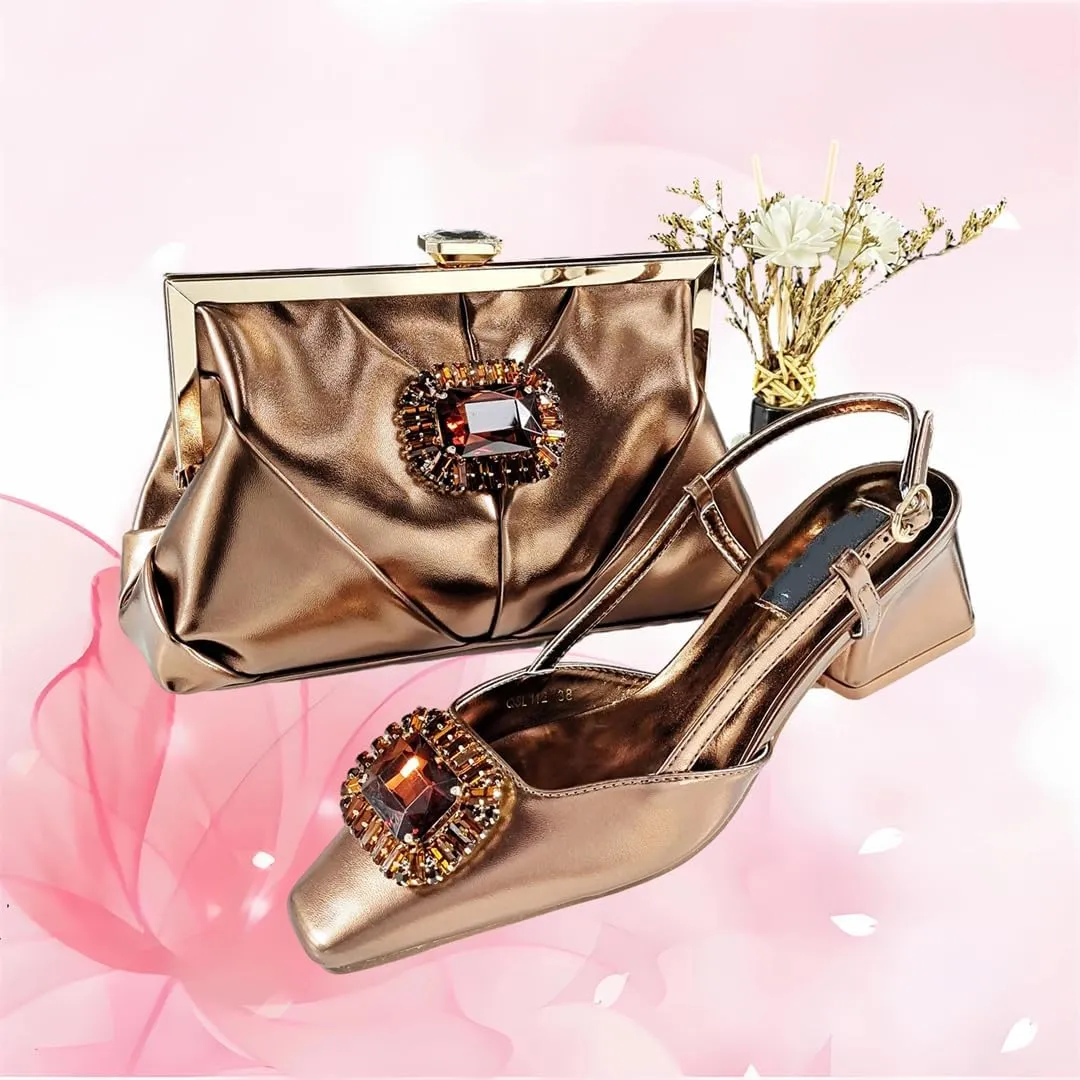 Women’S Coffee Rhinestone Pointed Toe High Heels and Matching Bag Set for Luxury Parties