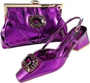Women’S Coffee Rhinestone Pointed Toe High Heels and Matching Bag Set for Luxury Parties