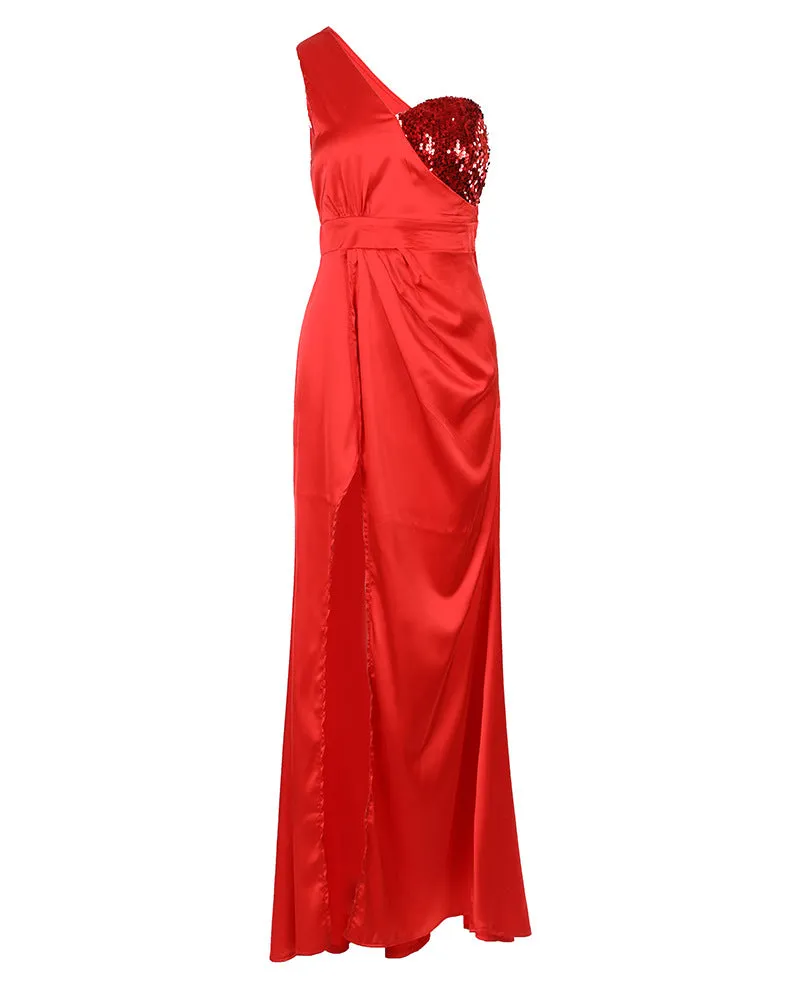 Women's Cold Shoulder Maxi Dress with Glittery Asymmetrical Bodice