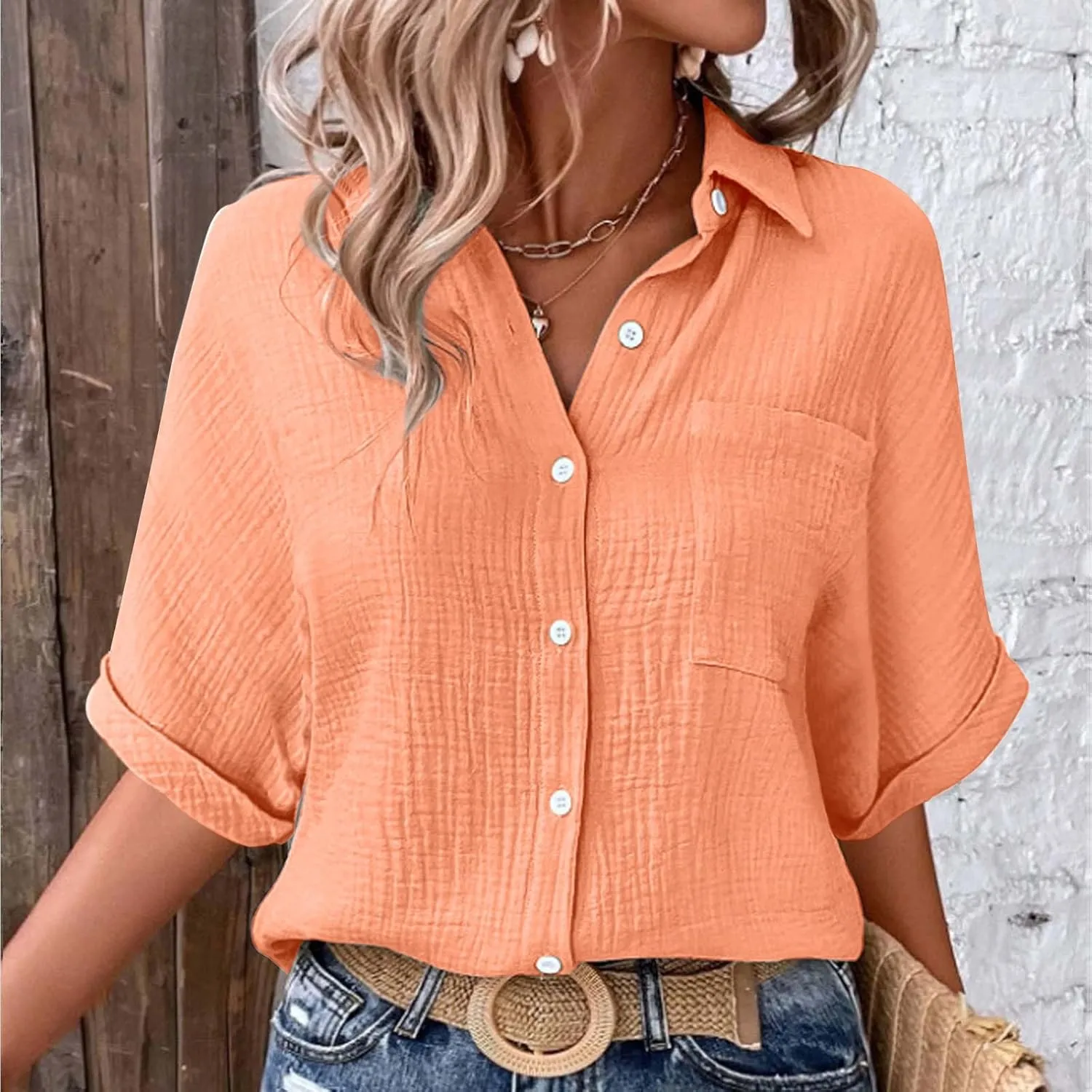 Womens Cotton Button Down Shirt Rolled Cuffed Short Sleeve Blouse Ladies Summer Casual V Neck Beach Cotton Tops