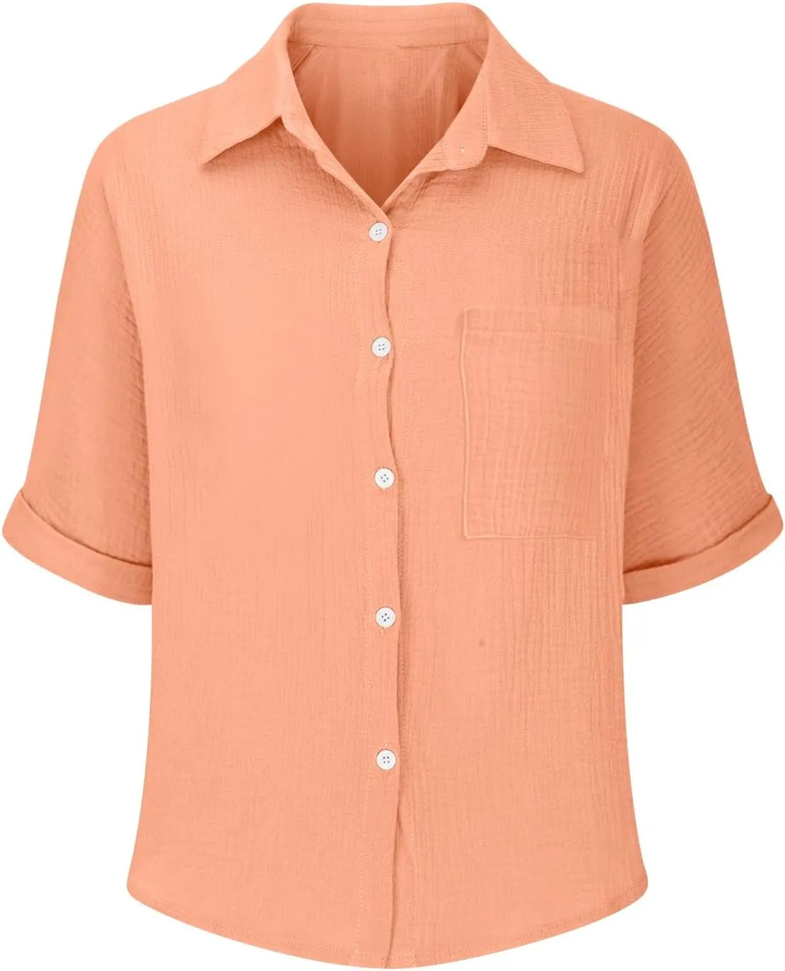 Womens Cotton Button Down Shirt Rolled Cuffed Short Sleeve Blouse Ladies Summer Casual V Neck Beach Cotton Tops