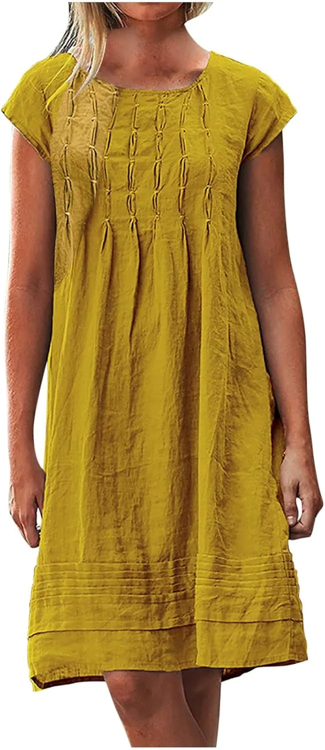 Women's Cotton Linen Summer Dresses 2024 Sleeveless Pleated Dress Casual Knee Length Dress Comfy Summer Lounge Outfits