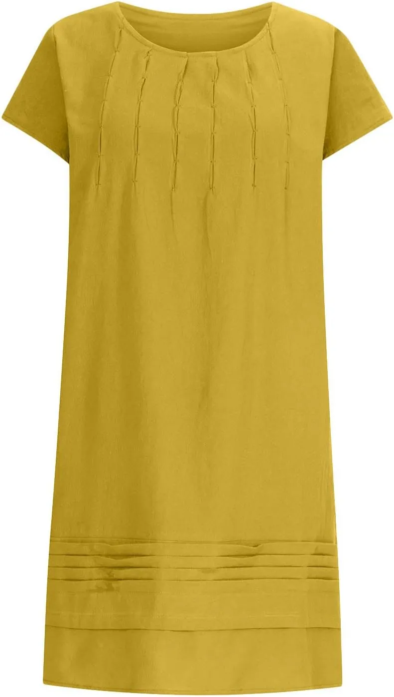 Women's Cotton Linen Summer Dresses 2024 Sleeveless Pleated Dress Casual Knee Length Dress Comfy Summer Lounge Outfits