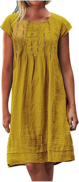 Women's Cotton Linen Summer Dresses 2024 Sleeveless Pleated Dress Casual Knee Length Dress Comfy Summer Lounge Outfits