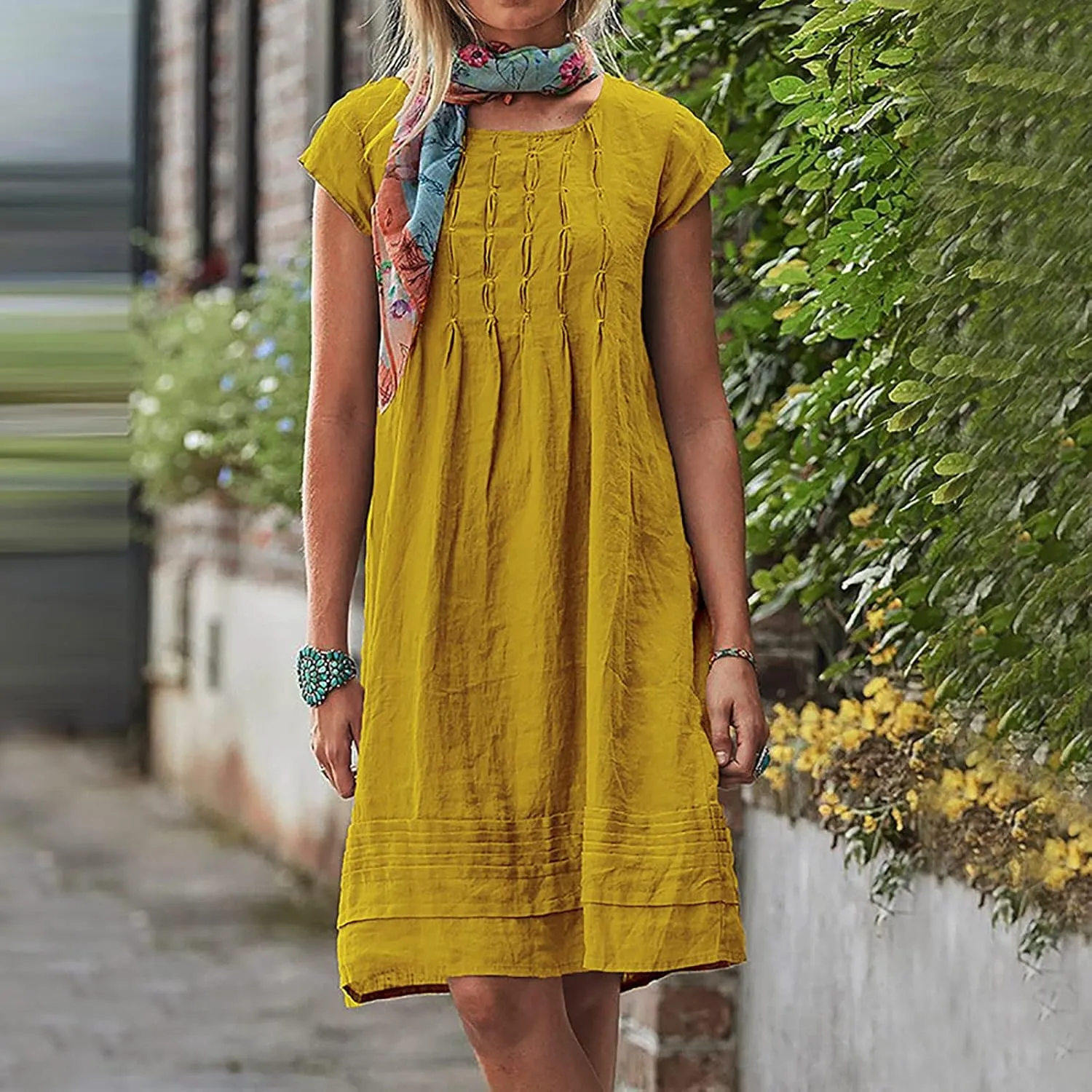 Women's Cotton Linen Summer Dresses 2024 Sleeveless Pleated Dress Casual Knee Length Dress Comfy Summer Lounge Outfits
