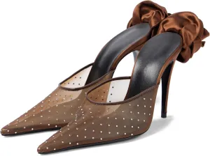 Women's Crystal Embellished Mesh Pumps Floral Applique Stilettos Pointed Toe Slip On Heeled Mules Banquet Dress Wedding Heels