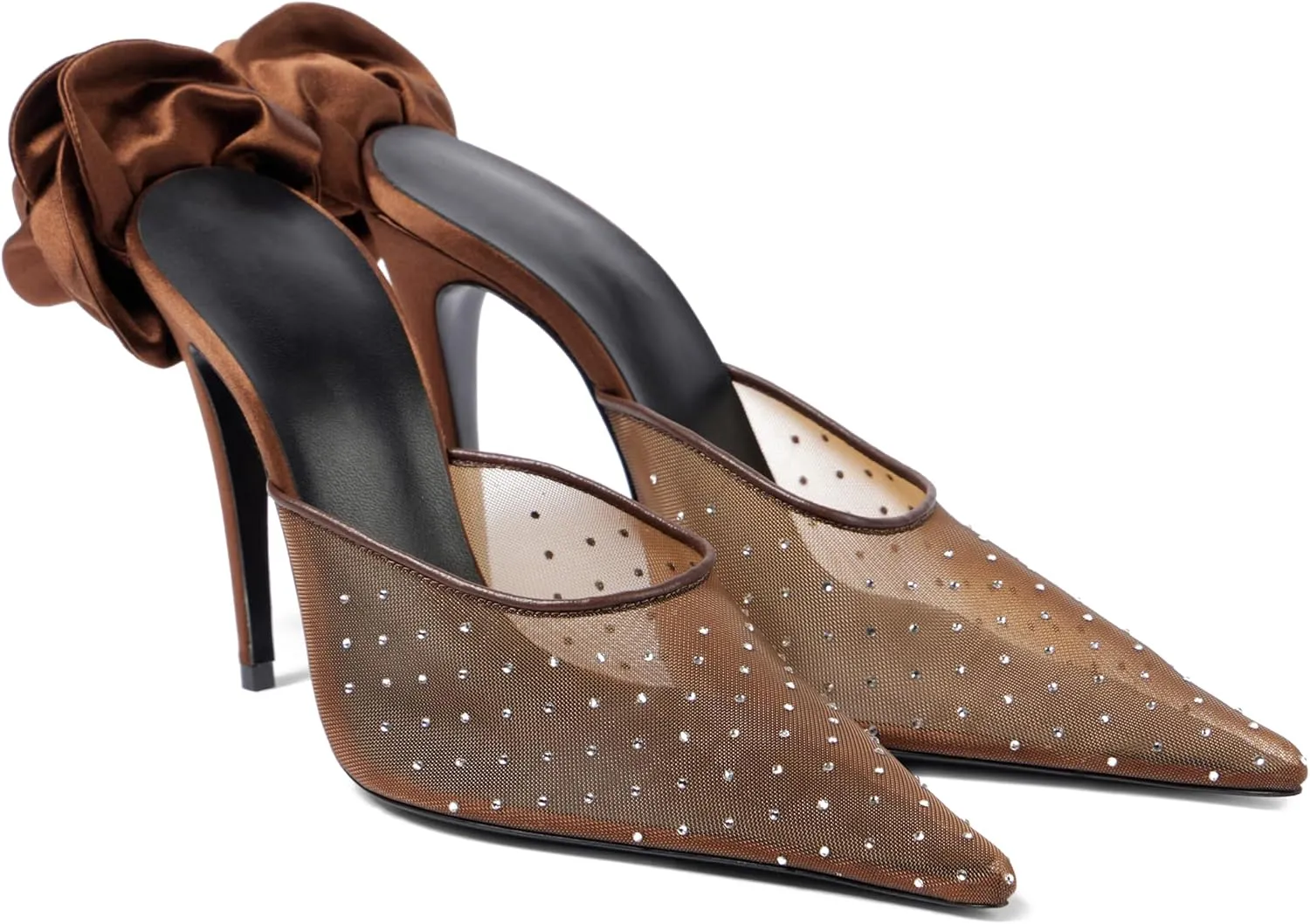 Women's Crystal Embellished Mesh Pumps Floral Applique Stilettos Pointed Toe Slip On Heeled Mules Banquet Dress Wedding Heels