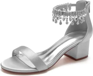 Women's Crystal Satin Wedding Shoes for Bride Low Heels Comfortable Bridal Shoes White Block Heels Chunky Formal Evening Party Prom Sandals Pumps