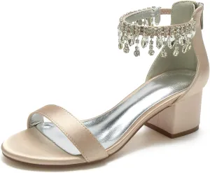 Women's Crystal Satin Wedding Shoes for Bride Low Heels Comfortable Bridal Shoes White Block Heels Chunky Formal Evening Party Prom Sandals Pumps