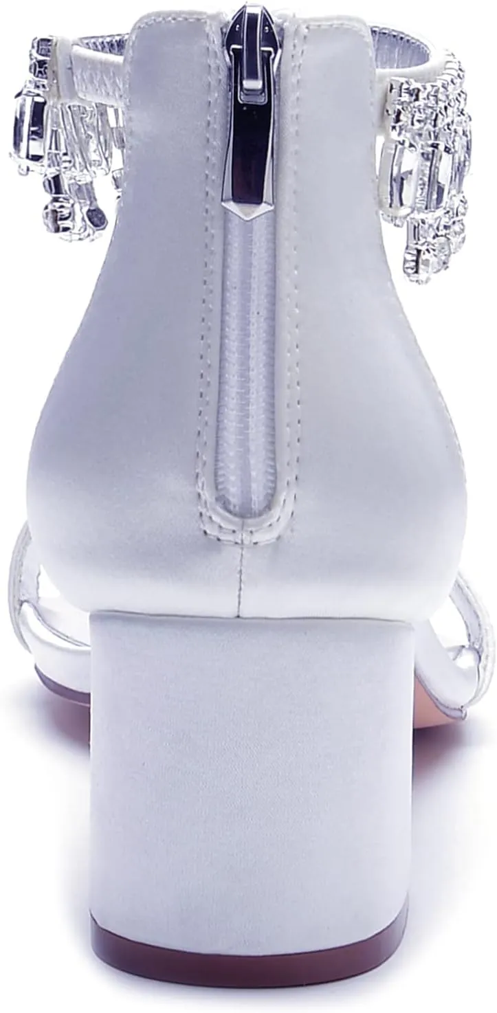Women's Crystal Satin Wedding Shoes for Bride Low Heels Comfortable Bridal Shoes White Block Heels Chunky Formal Evening Party Prom Sandals Pumps