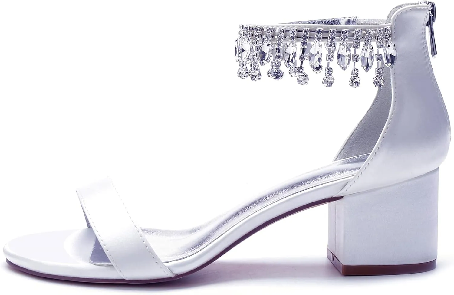 Women's Crystal Satin Wedding Shoes for Bride Low Heels Comfortable Bridal Shoes White Block Heels Chunky Formal Evening Party Prom Sandals Pumps