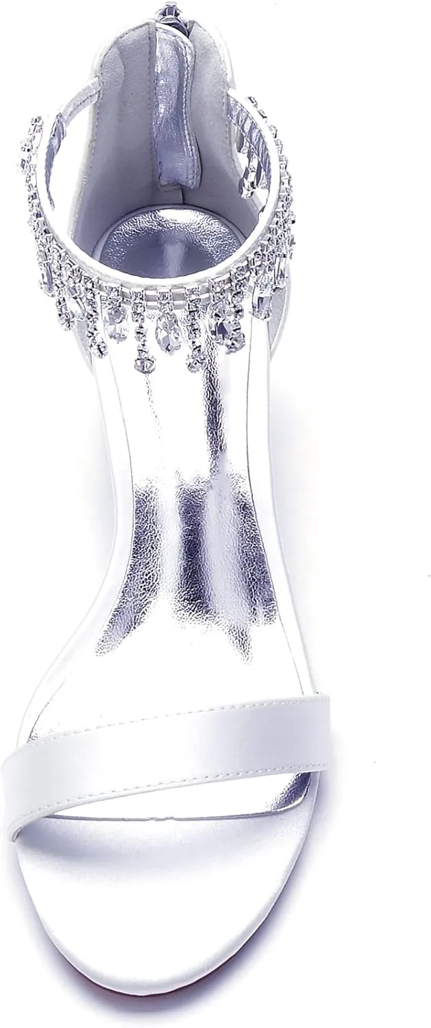 Women's Crystal Satin Wedding Shoes for Bride Low Heels Comfortable Bridal Shoes White Block Heels Chunky Formal Evening Party Prom Sandals Pumps
