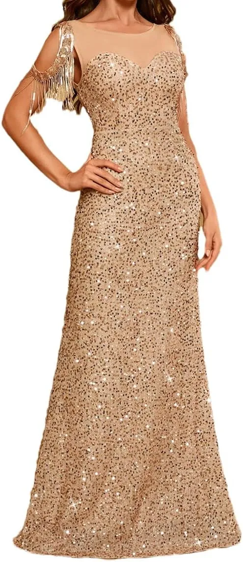 Women's Cut-Out Tassel Sleeve Glitter Sequin Dresses Floor-Length Backless Formal Evening Dress