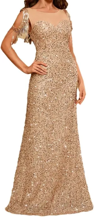 Women's Cut-Out Tassel Sleeve Glitter Sequin Dresses Floor-Length Backless Formal Evening Dress