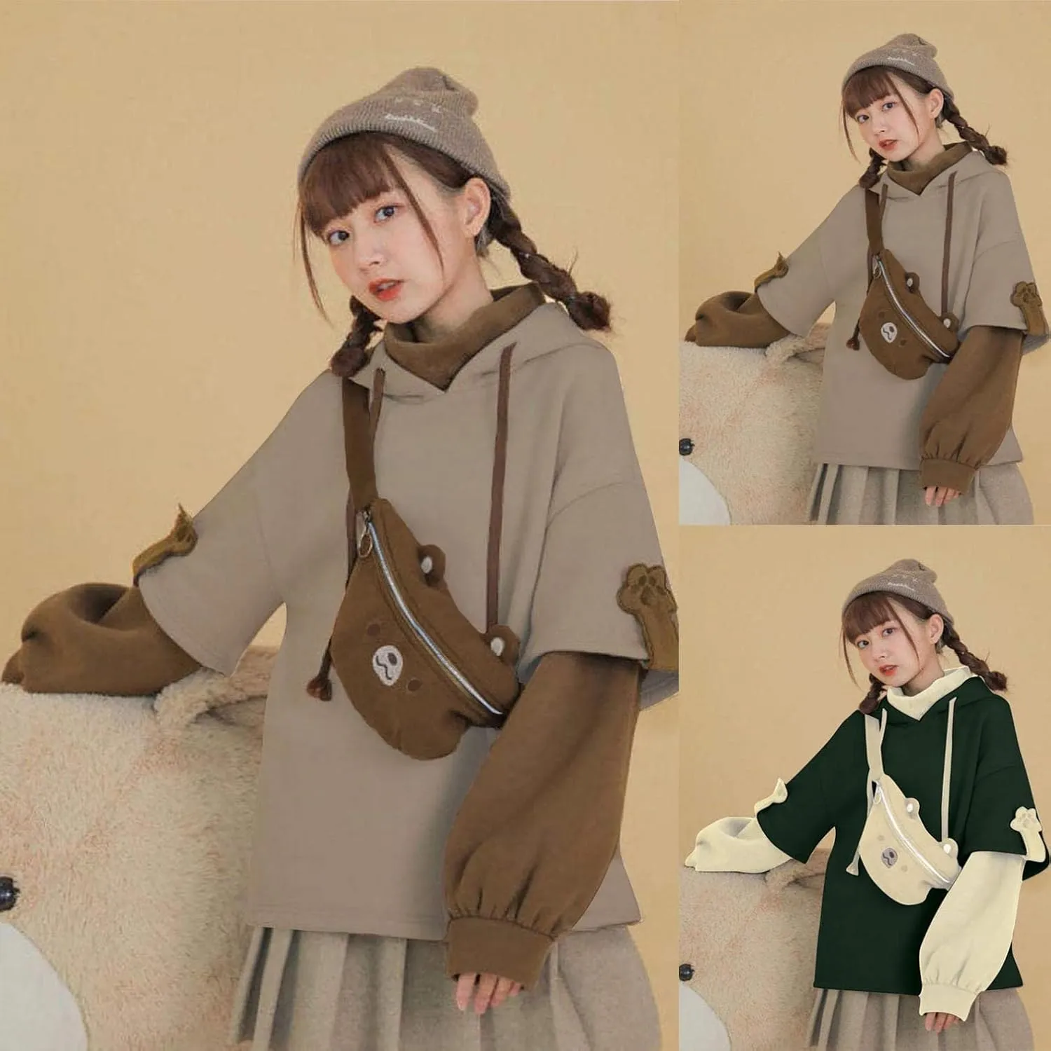 Women's Cute Hoodie for Teen Girl Brown Bear Tops Sweatshirt Splicing Hooded Shirt Personality Bag Hoodies