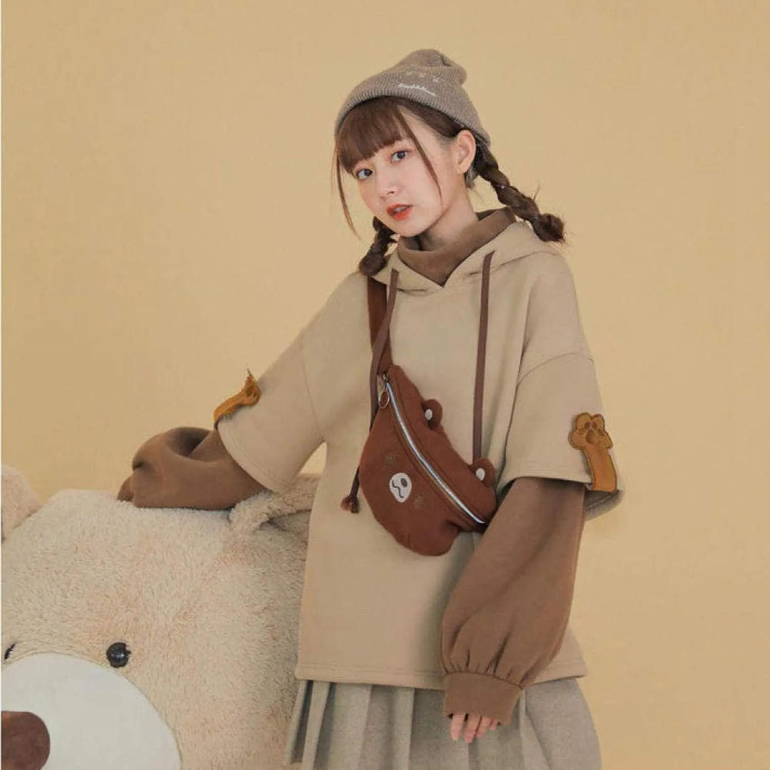 Women's Cute Hoodie for Teen Girl Brown Bear Tops Sweatshirt Splicing Hooded Shirt Personality Bag Hoodies