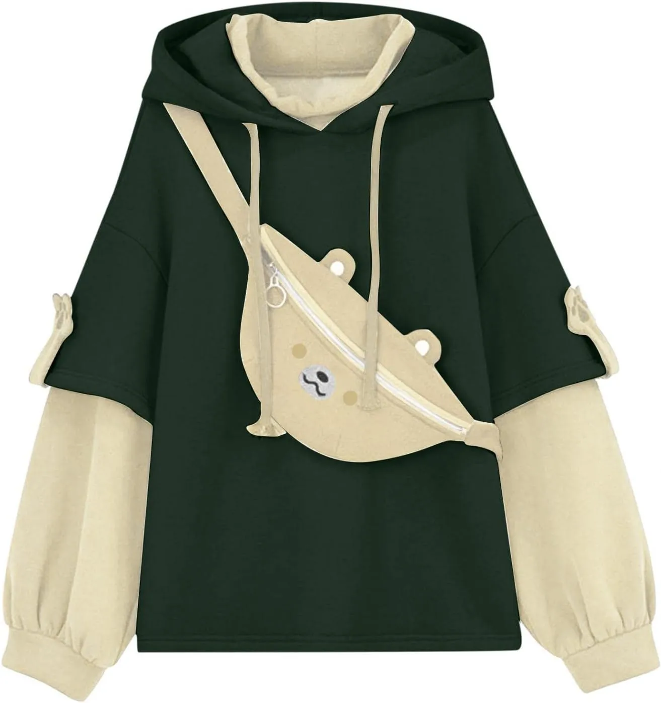 Women's Cute Hoodie for Teen Girl Brown Bear Tops Sweatshirt Splicing Hooded Shirt Personality Bag Hoodies