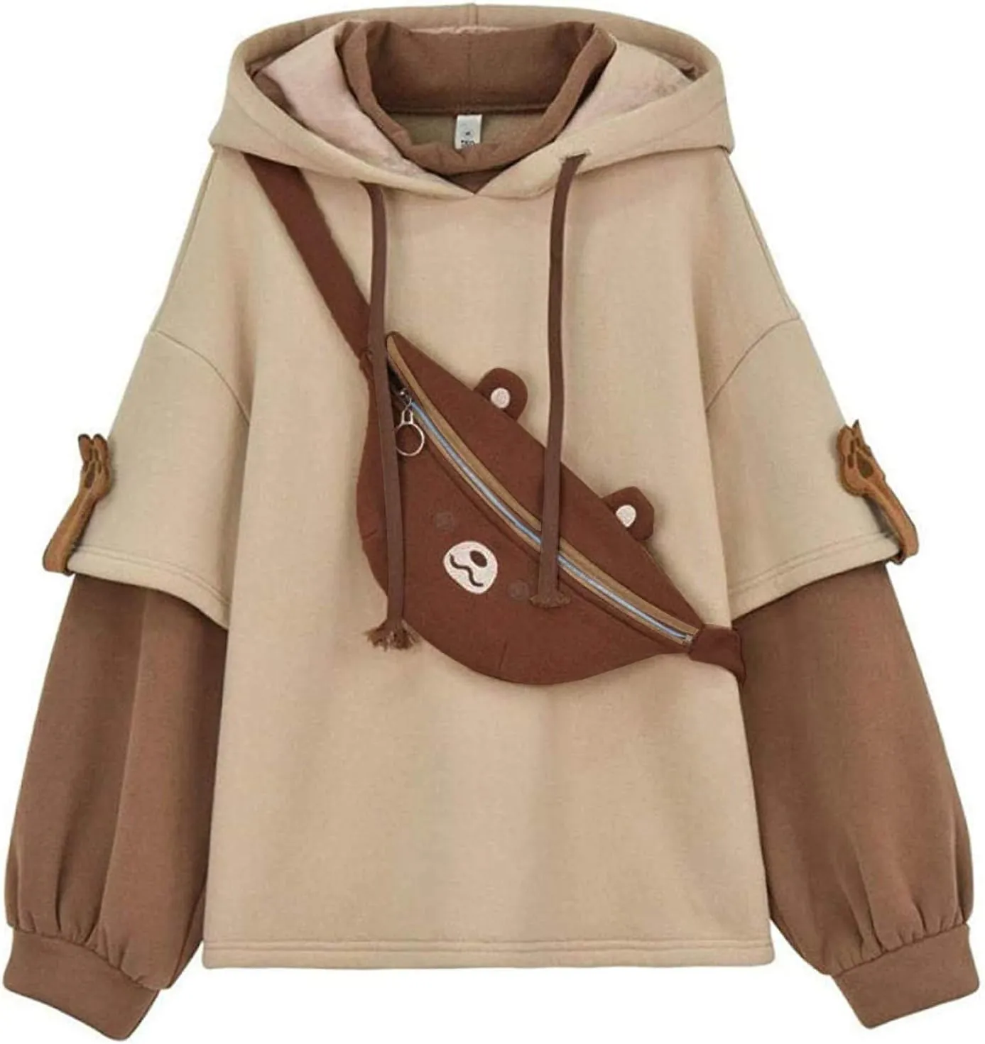 Women's Cute Hoodie for Teen Girl Brown Bear Tops Sweatshirt Splicing Hooded Shirt Personality Bag Hoodies