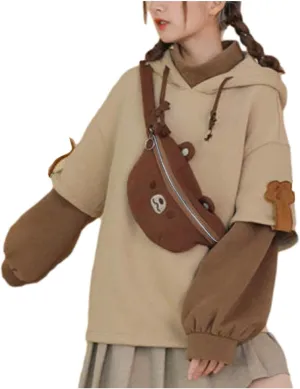 Women's Cute Hoodie for Teen Girl Brown Bear Tops Sweatshirt Splicing Hooded Shirt Personality Bag Hoodies