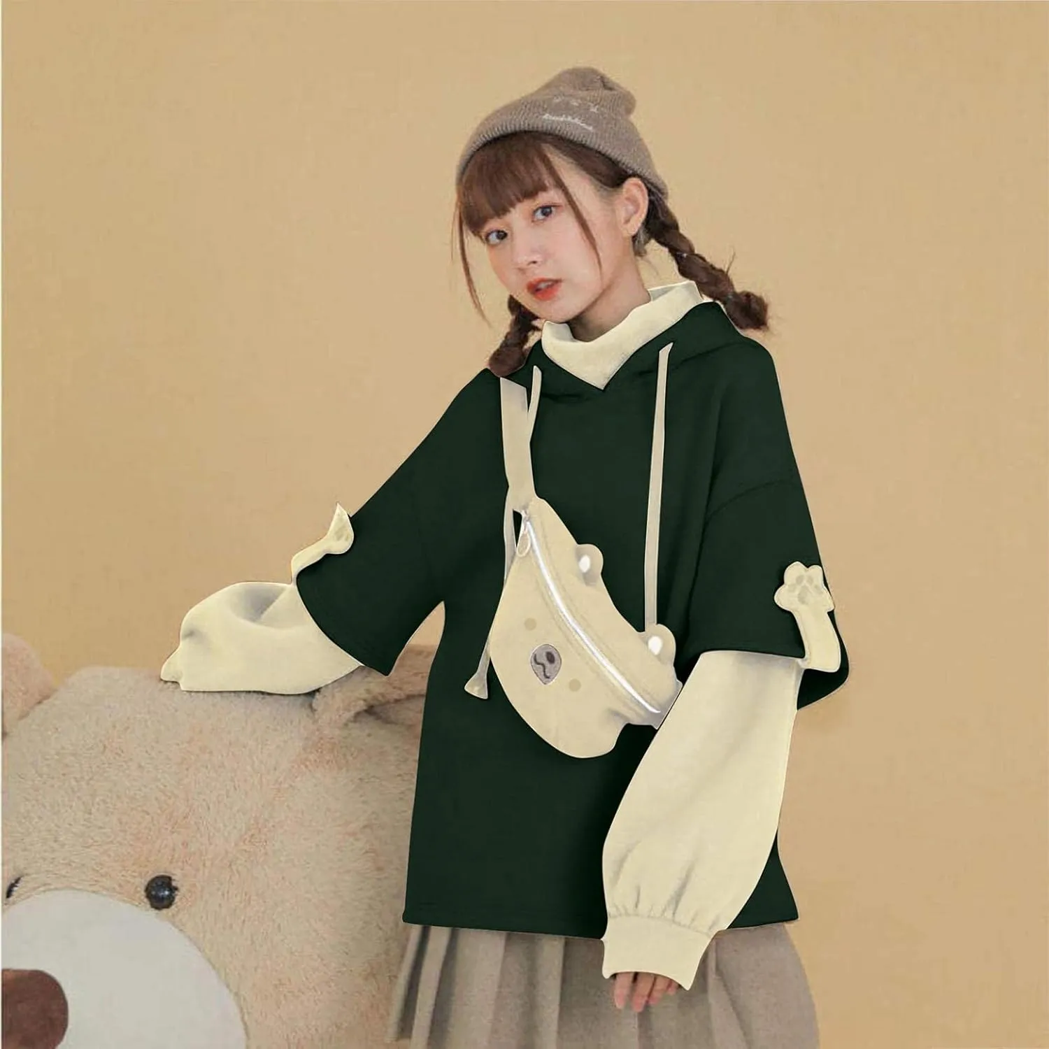 Women's Cute Hoodie for Teen Girl Brown Bear Tops Sweatshirt Splicing Hooded Shirt Personality Bag Hoodies