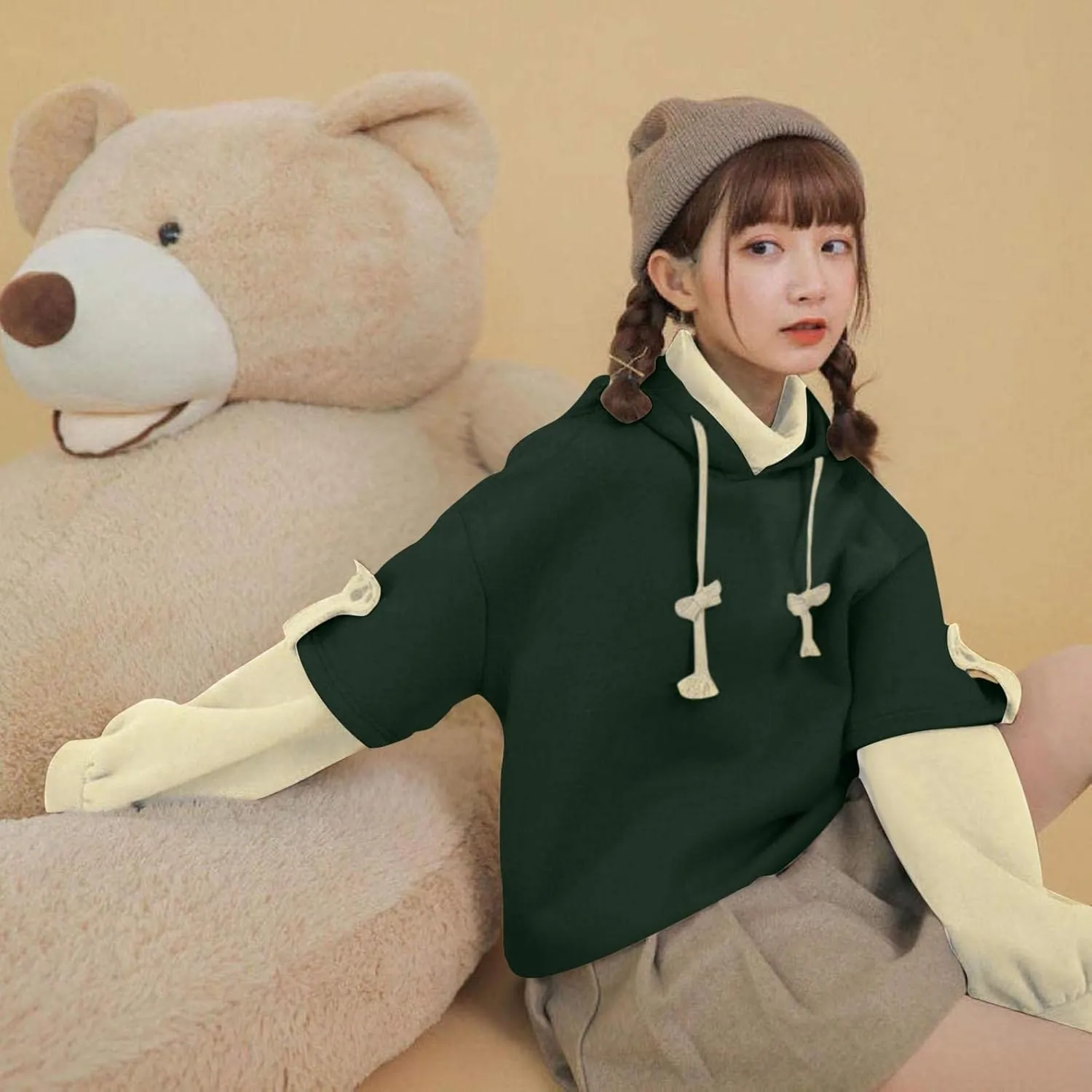 Women's Cute Hoodie for Teen Girl Brown Bear Tops Sweatshirt Splicing Hooded Shirt Personality Bag Hoodies