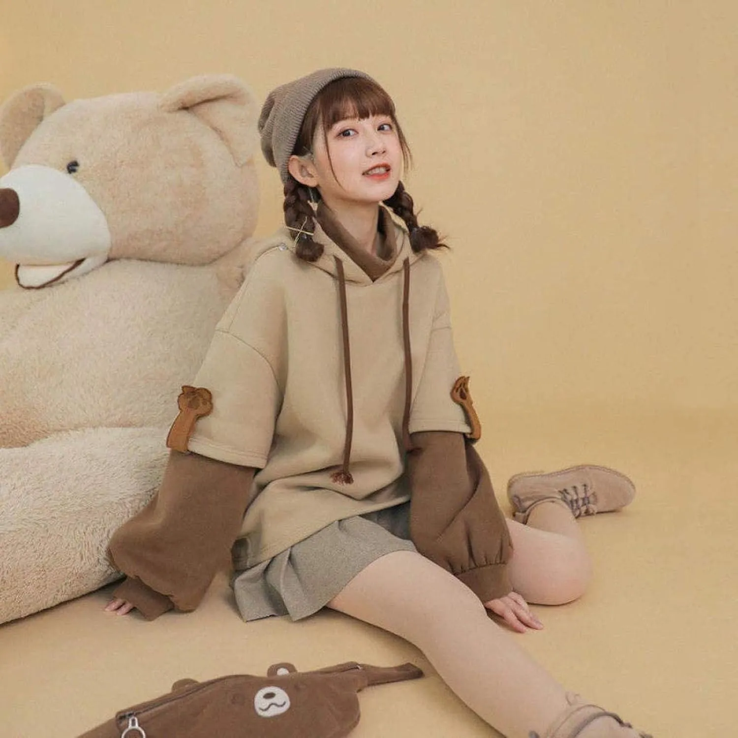 Women's Cute Hoodie for Teen Girl Brown Bear Tops Sweatshirt Splicing Hooded Shirt Personality Bag Hoodies