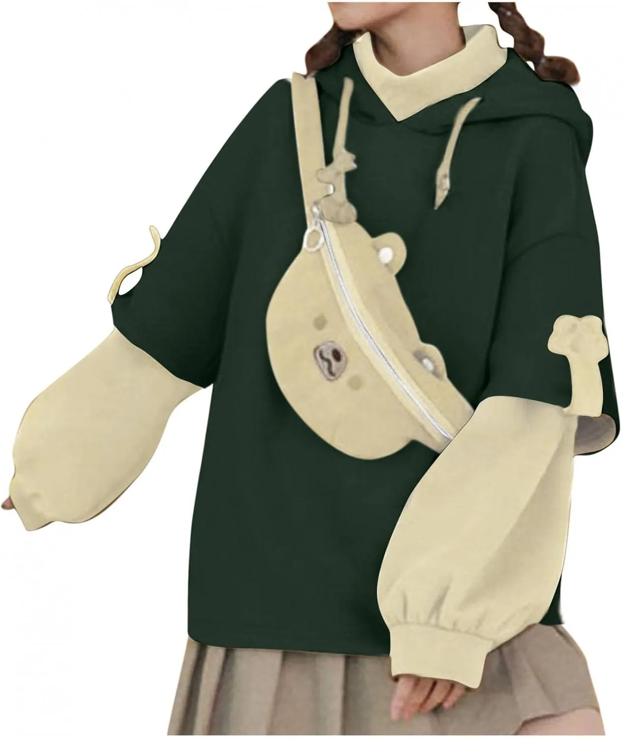 Women's Cute Hoodie for Teen Girl Brown Bear Tops Sweatshirt Splicing Hooded Shirt Personality Bag Hoodies