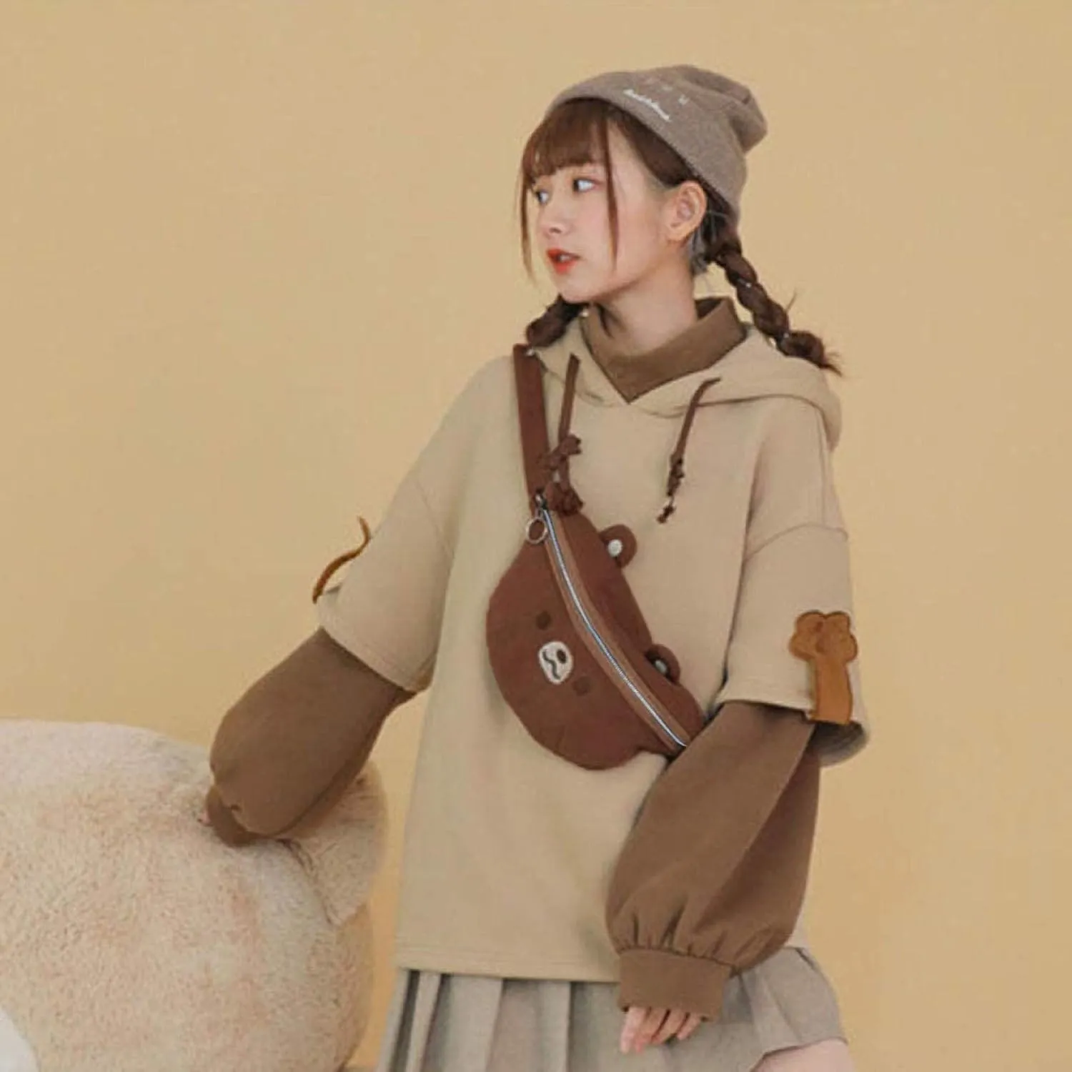 Women's Cute Hoodie for Teen Girl Brown Bear Tops Sweatshirt Splicing Hooded Shirt Personality Bag Hoodies
