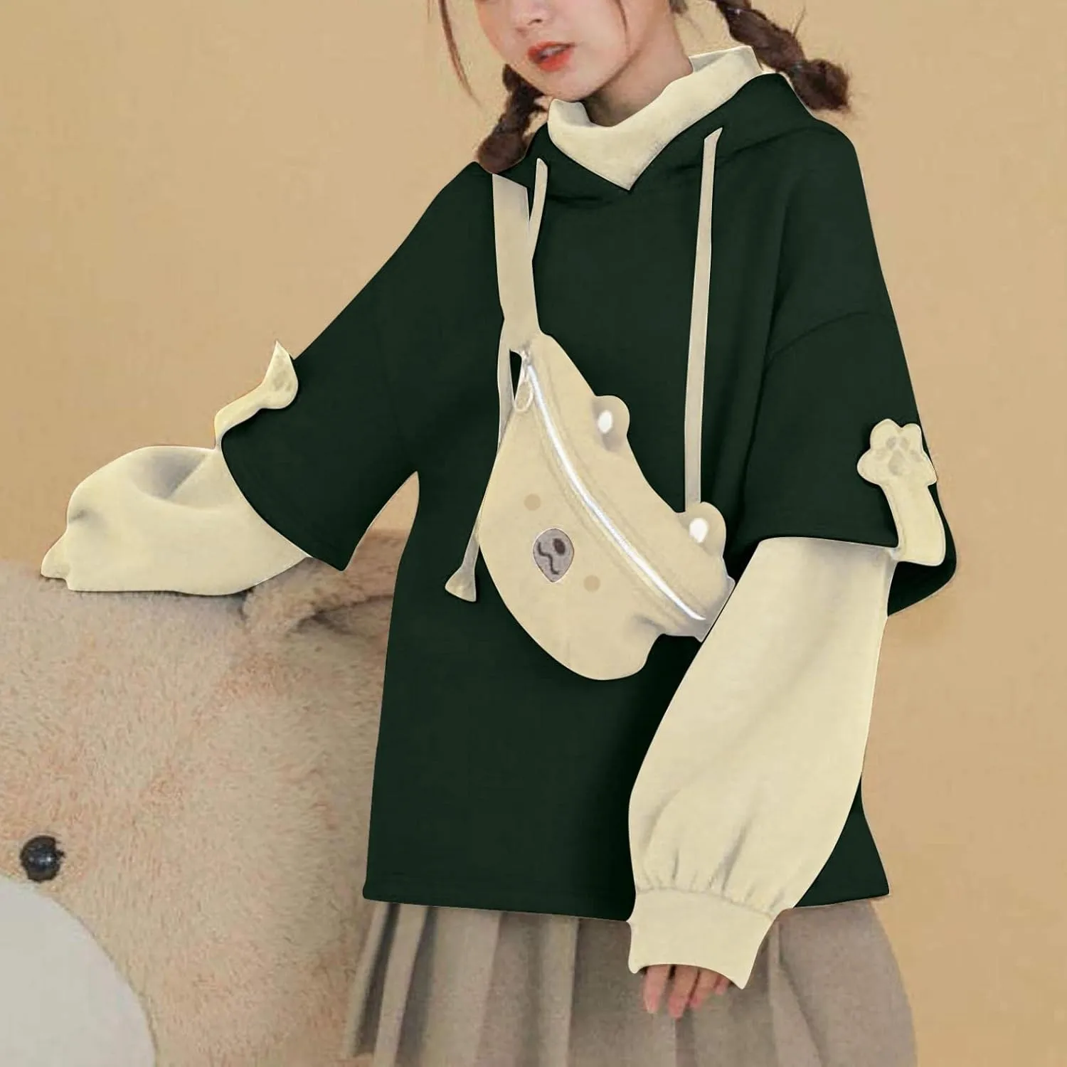 Women's Cute Hoodie for Teen Girl Brown Bear Tops Sweatshirt Splicing Hooded Shirt Personality Bag Hoodies