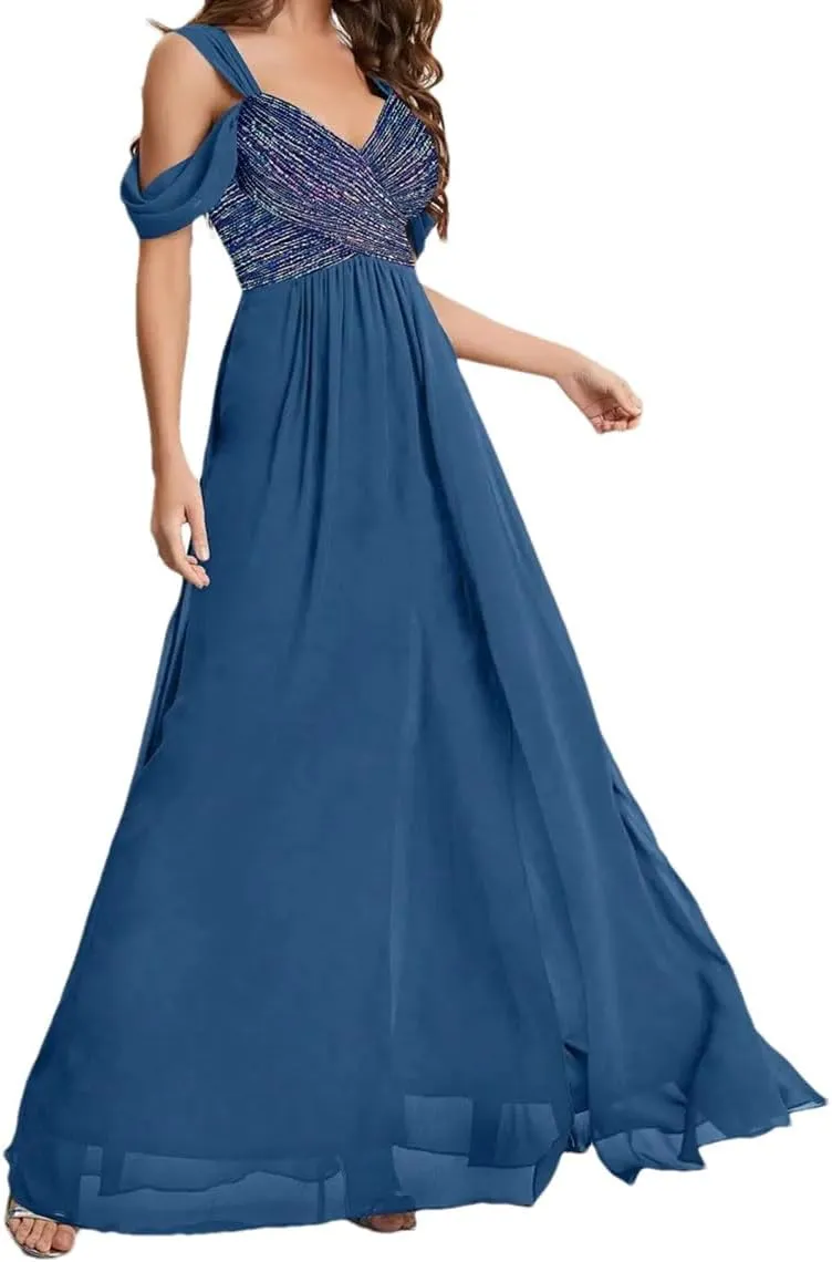 Women's Deep V Neck Backless Sleeveless Split Thigh Chiffon Dress Party Prom Bridesmaid Dresses