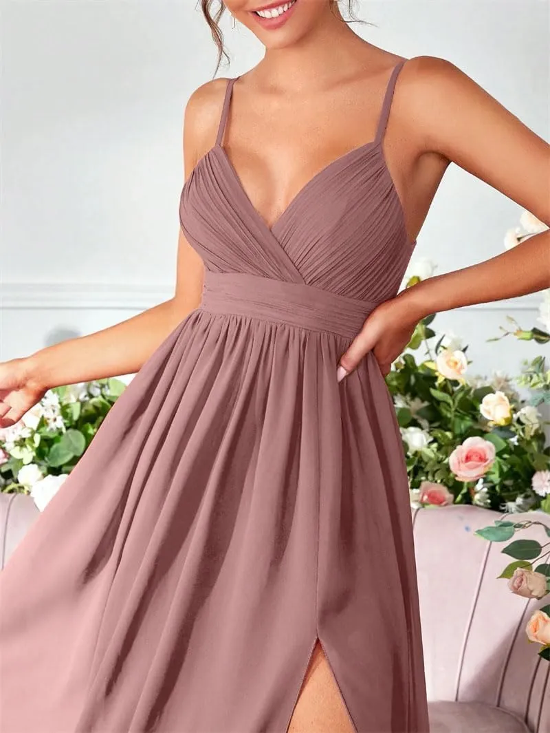 Women's Deep V Neck Spaghetti Strap Backless Dress Ruched Split Thigh Chiffon Bridesmaid Dresses