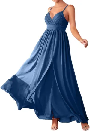 Women's Deep V Neck Spaghetti Strap Backless Dress Ruched Split Thigh Chiffon Bridesmaid Dresses