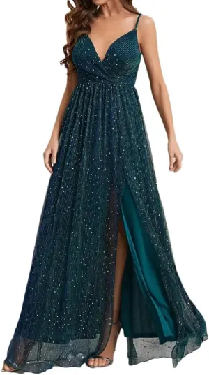 Women's Deep V-Neck Spaghetti Strap Backless Split Dresses Evening Dress Party Prom Gown