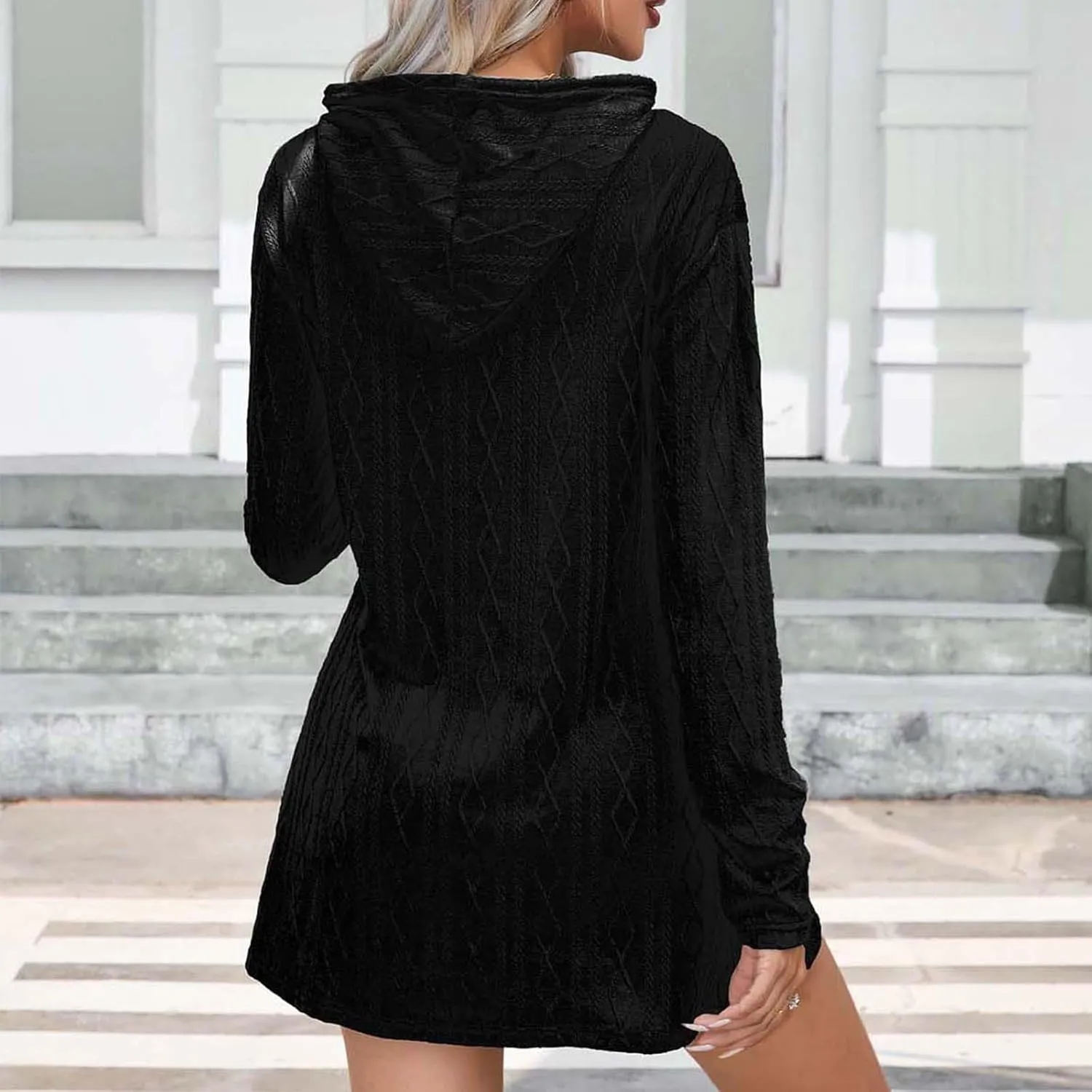 Womens Dress Fall Winter Long Sleeve Front A Line Swing Hooded Knit Dress Loose Casual Long Sleeve Comfy Mini Dresses